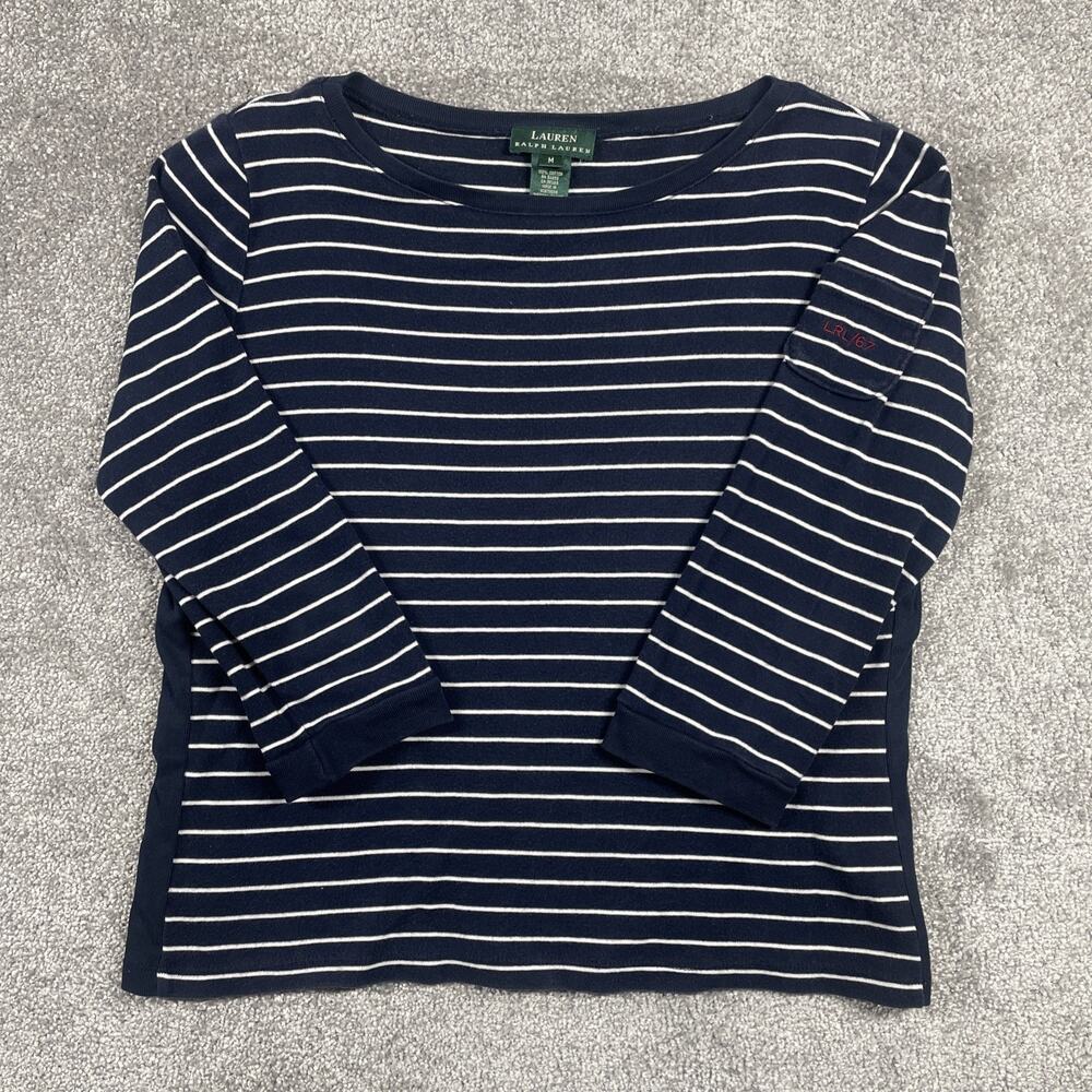 Lauren Ralph Lauren T Shirt Womens Medium Nautical Stripe Pocket Navy Blouse